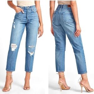 Express Dad Jeans Size 2 100% Cotton Rigid Denim Distressed Cropped High Waist